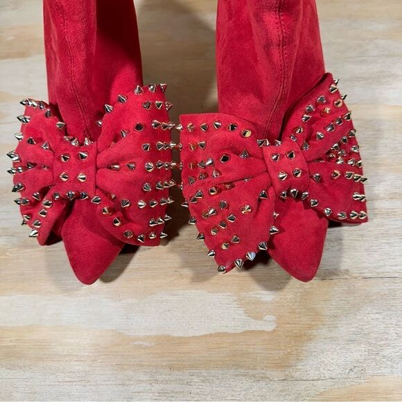 Red Suede Studded Bow Ankle Boots Women’s Size 10 - Picture 4 of 7